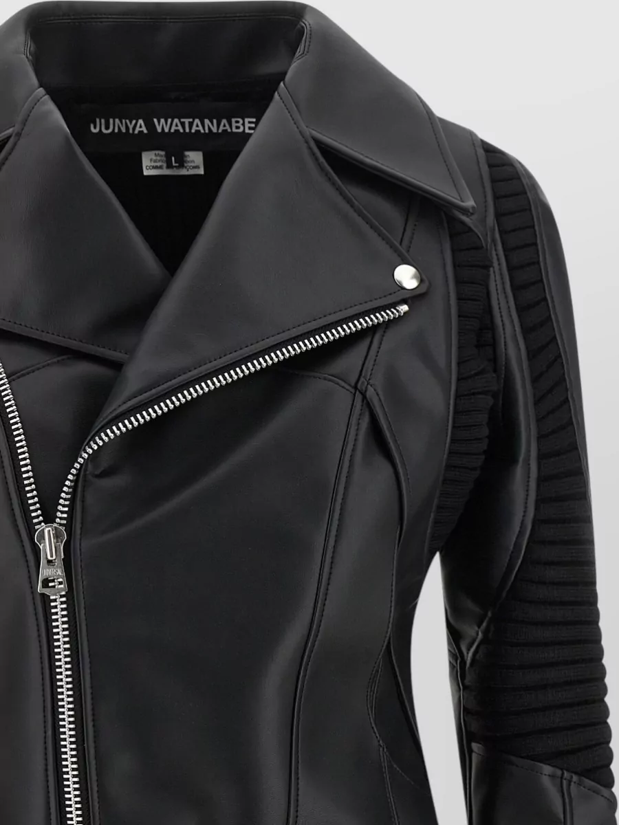 Junya Watanabe Ribbed Knit Insert Asymmetric Zip Leather Jacket