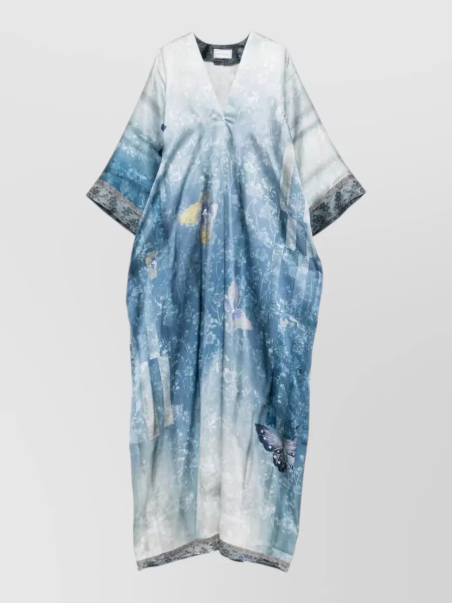 Pierre louise mascia silk butterfly-print v-neck short-sleeve maxi dress