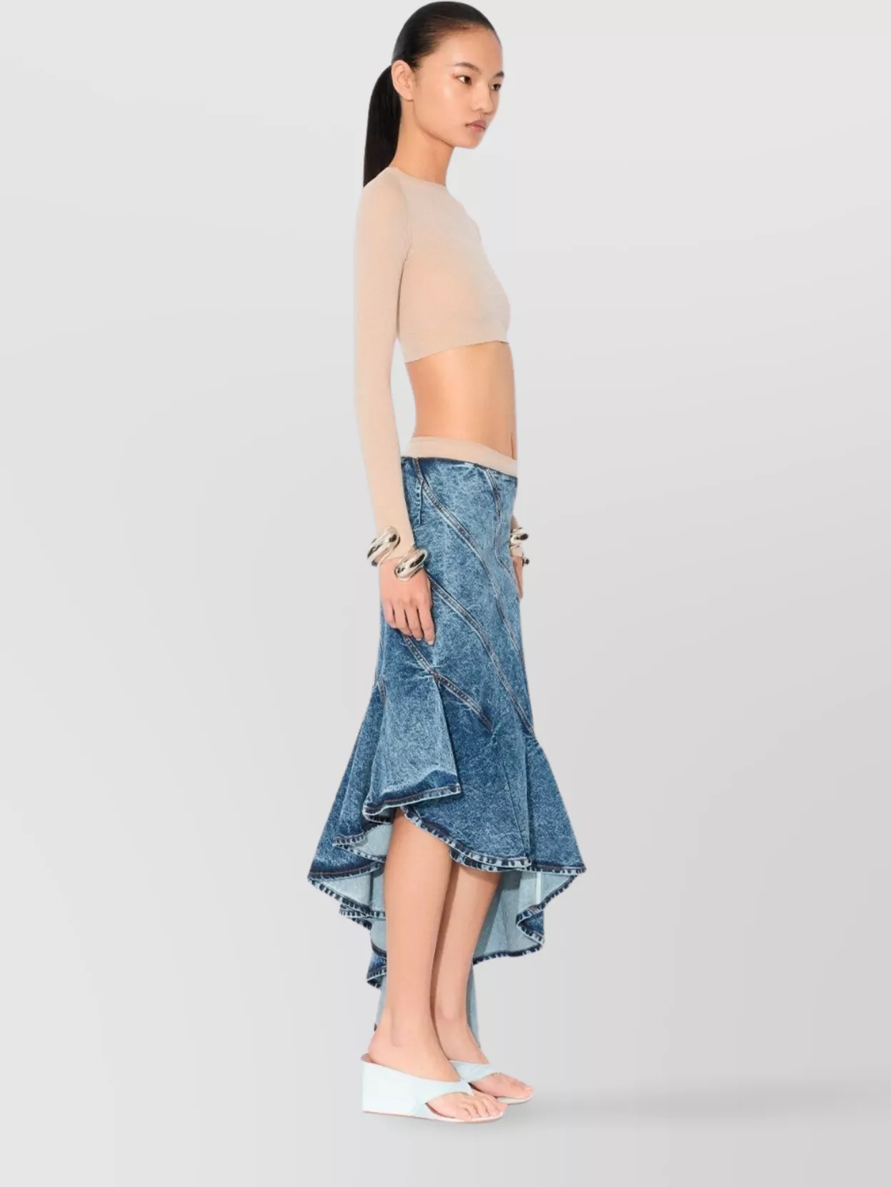 Alaïa Spiral Design Denim Midi Skirt With Hem In Blue