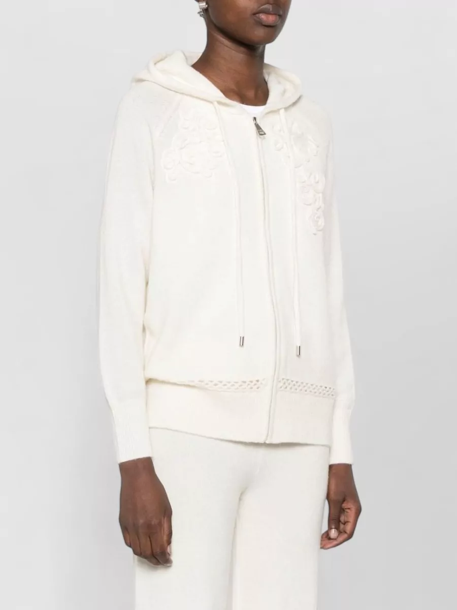 Ermanno Firenze Cashmere Wool Floral-Embroidered Open-Knit Trim Zip Hoodie