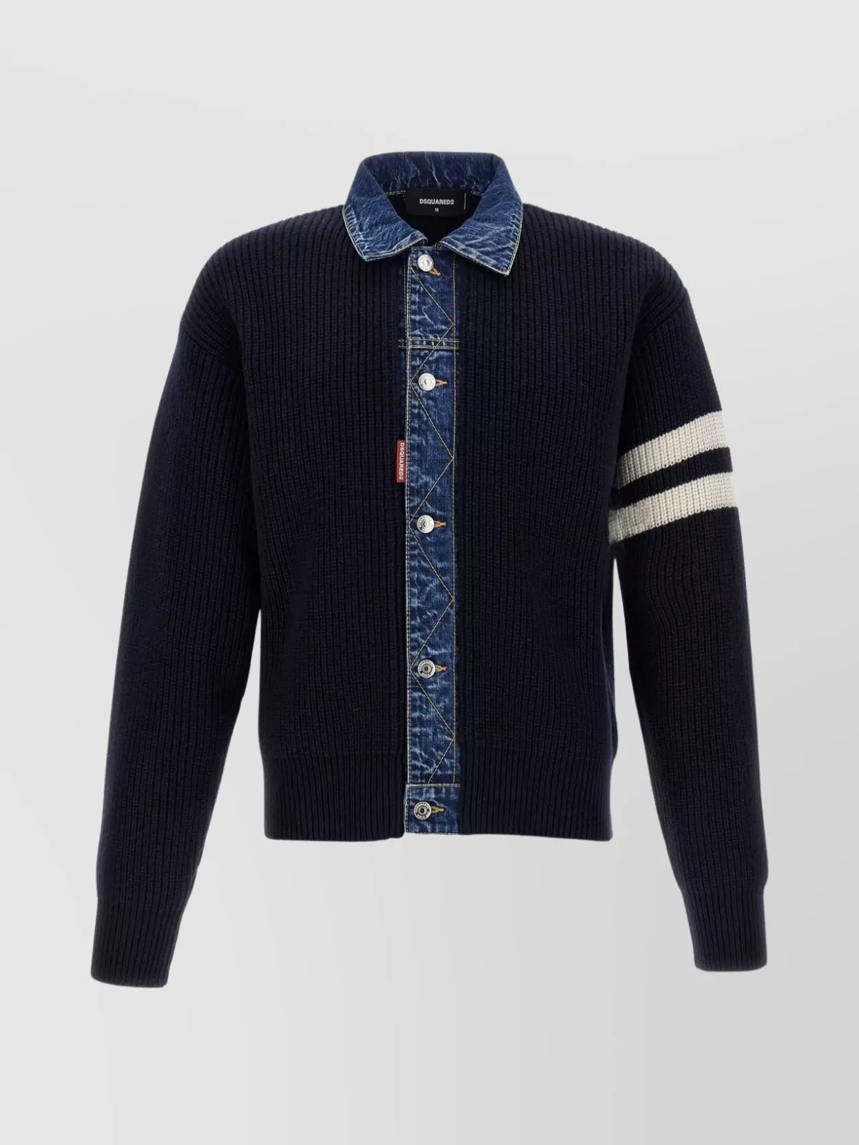 Dsquared2 Blue Cardigan With Denim Panels And Striped Details On The Sleeve In Wool And Cashmere Man
