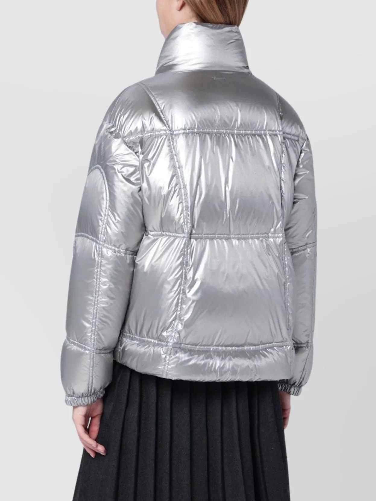 Herno Metallic Quilted High Collar Jacket In Silver