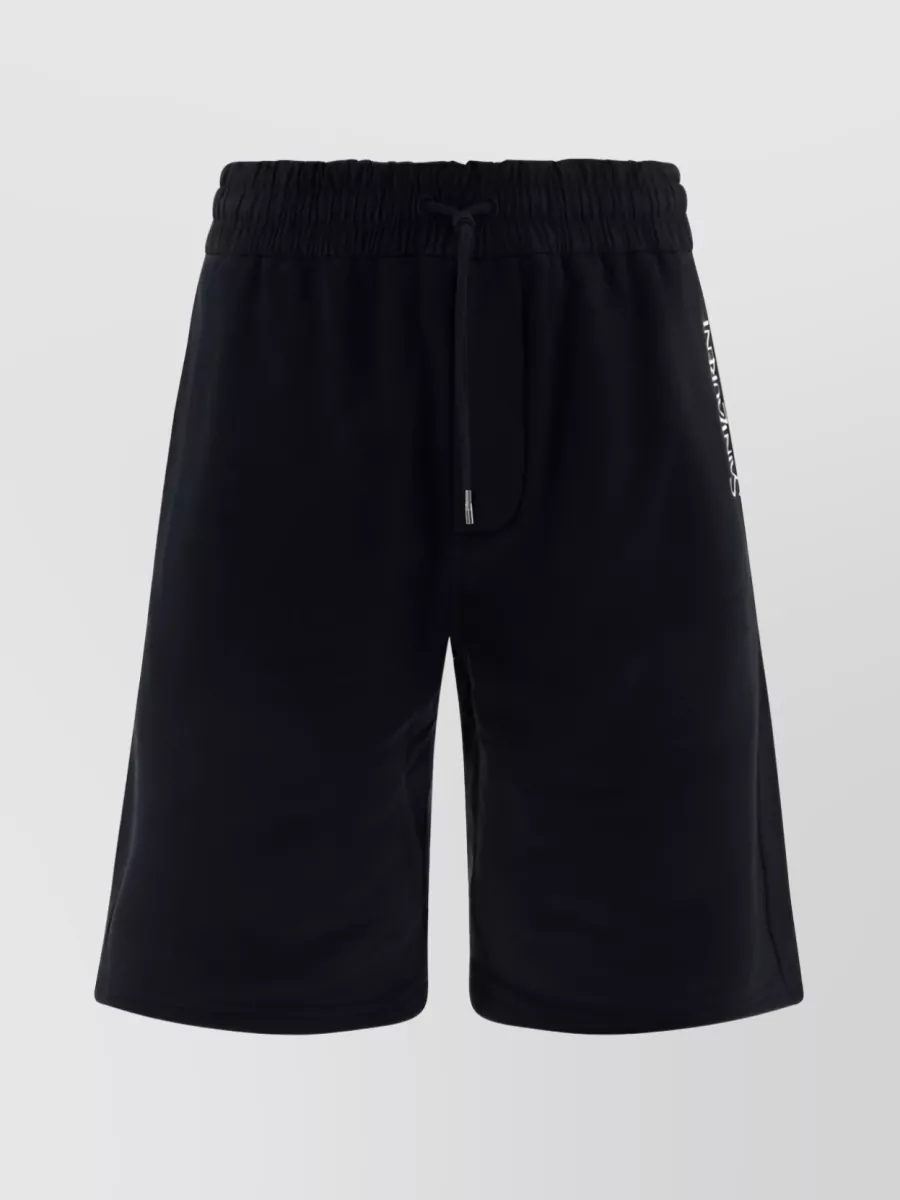 Shop Saint Laurent Embroidered Logo Cotton Shorts In Black