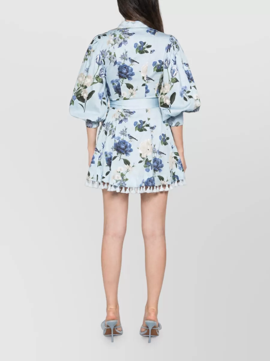 Alice + Olivia Floral-Print V-Neck Puff-Sleeve Tie-Waist Mini Shirtdress