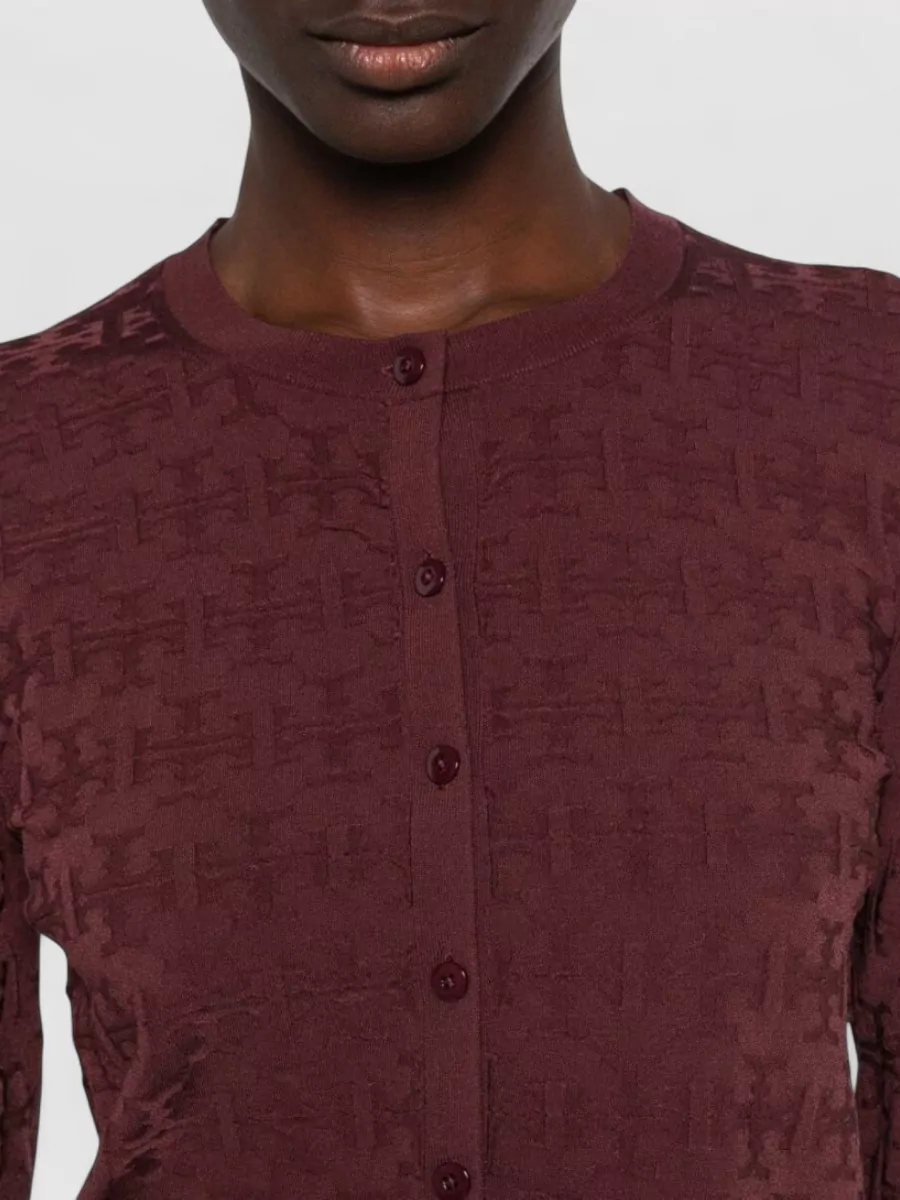 Tory Burch Monogram Jacquard Round Neck Long-Sleeve Cardigan