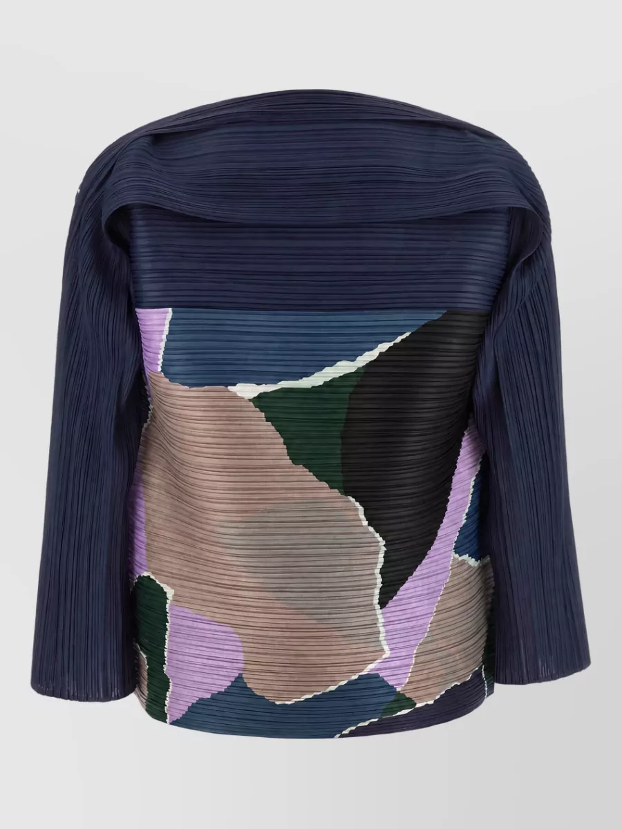 Pleats Please Issey Miyake Pleated Abstract-Print Boat Neck 3/4-Sleeve Blouse