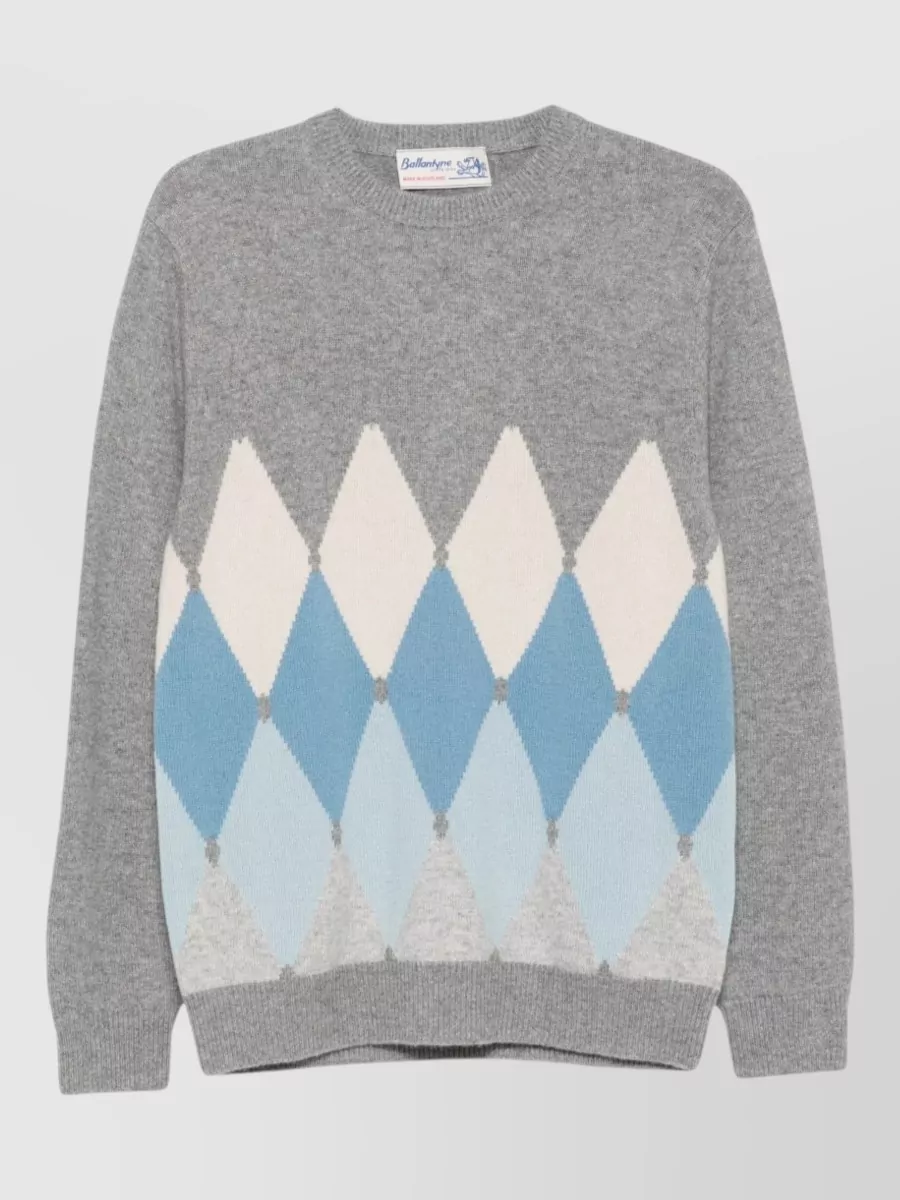 Ballantyne cashmere argyle crew neck ribbed jumper