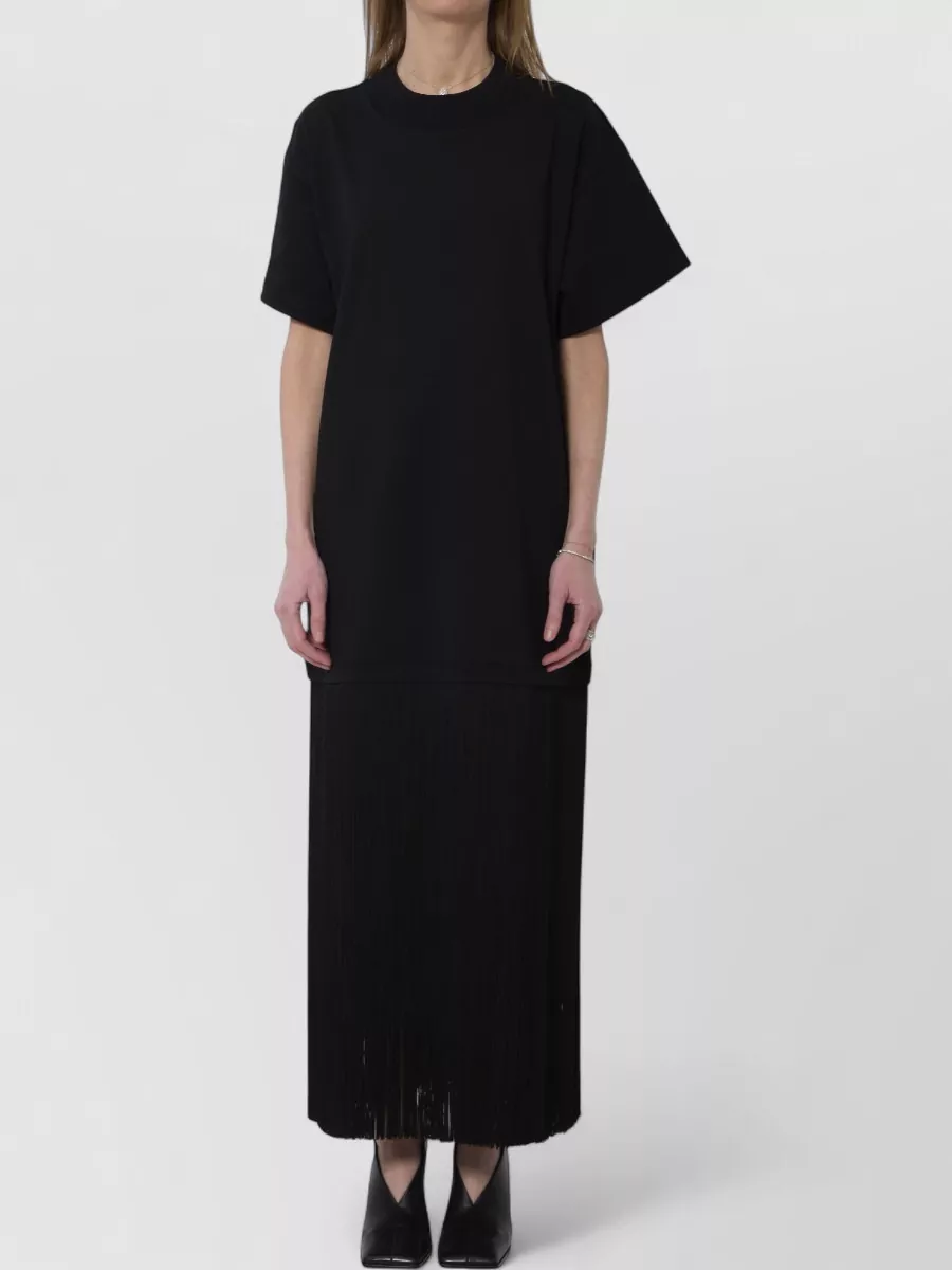 Alaïa Cotton Ribbed Crew-Neck Short-Sleeve Fringed Midi Dress
