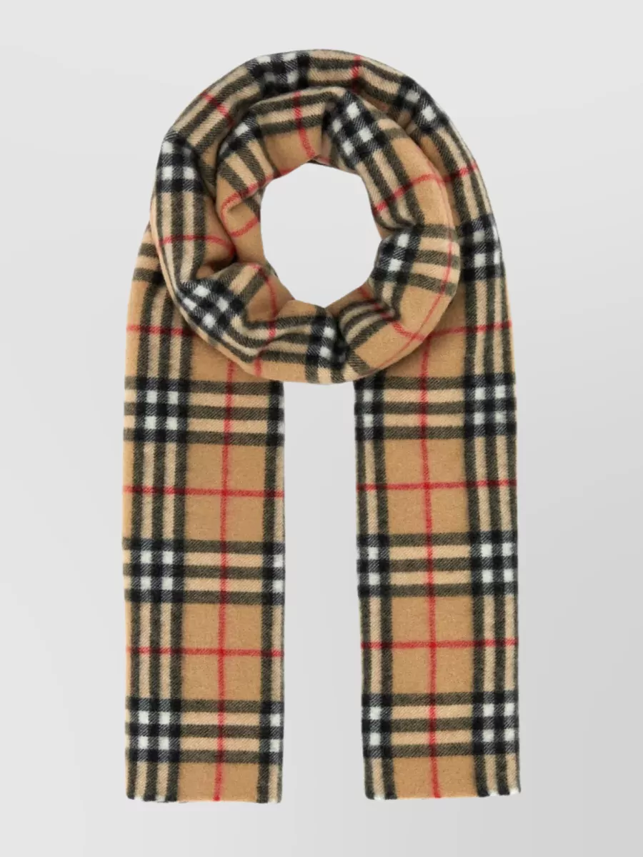 Shop Burberry Checkered Cashmere Scarf With Fringed Edges In Brown