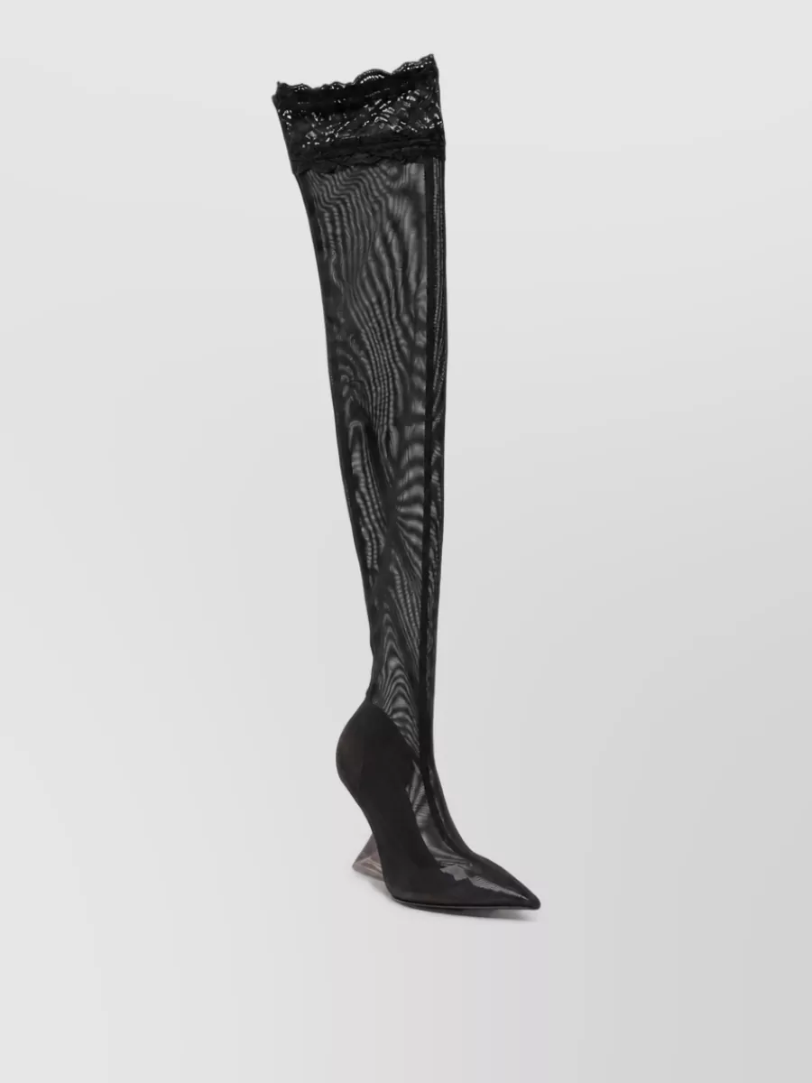 The Attico Mesh Floral Lace Thigh High Ankle Boots