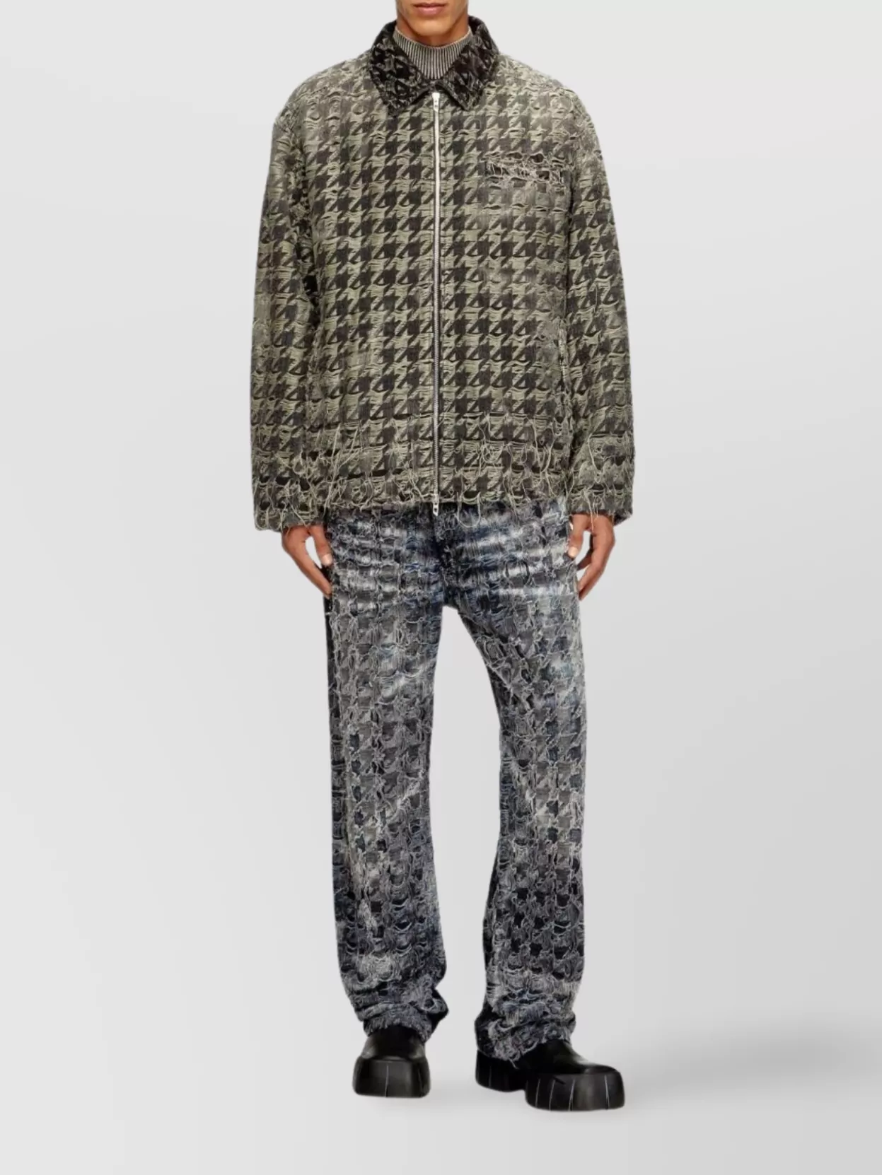 Diesel Houndstooth Blazer With Frayed Edges And Pocket