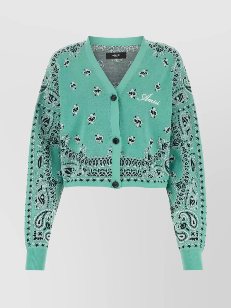 Shop Amiri Cotton Cardigan With Embroidered Bandana Detail In Cyan