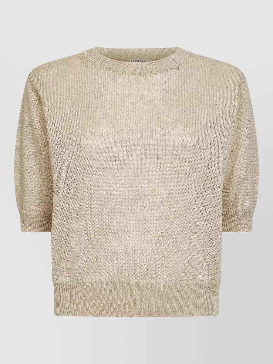 Brunello Cucinelli Sequin-Embroidered Short-Sleeve Linen Sweater