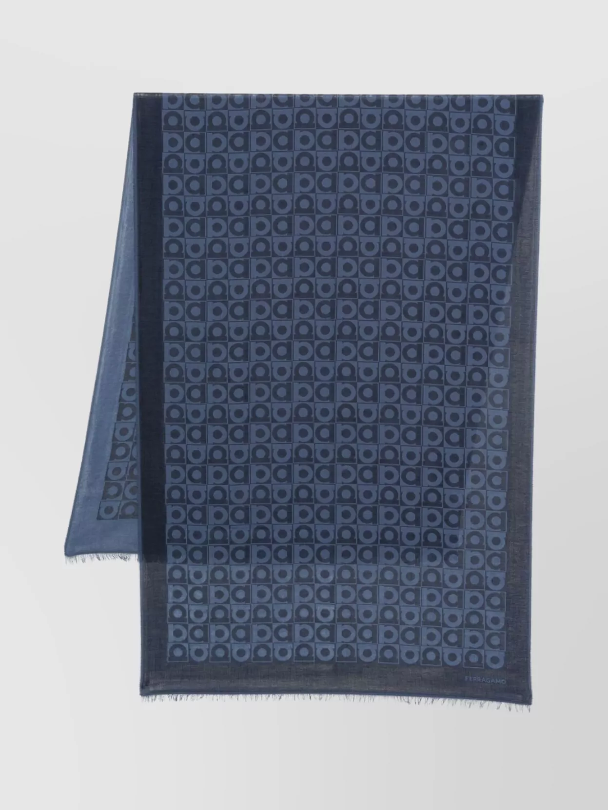 Ferragamo Wool Scarf With Fringed Edges And Geometric Pattern In Blue