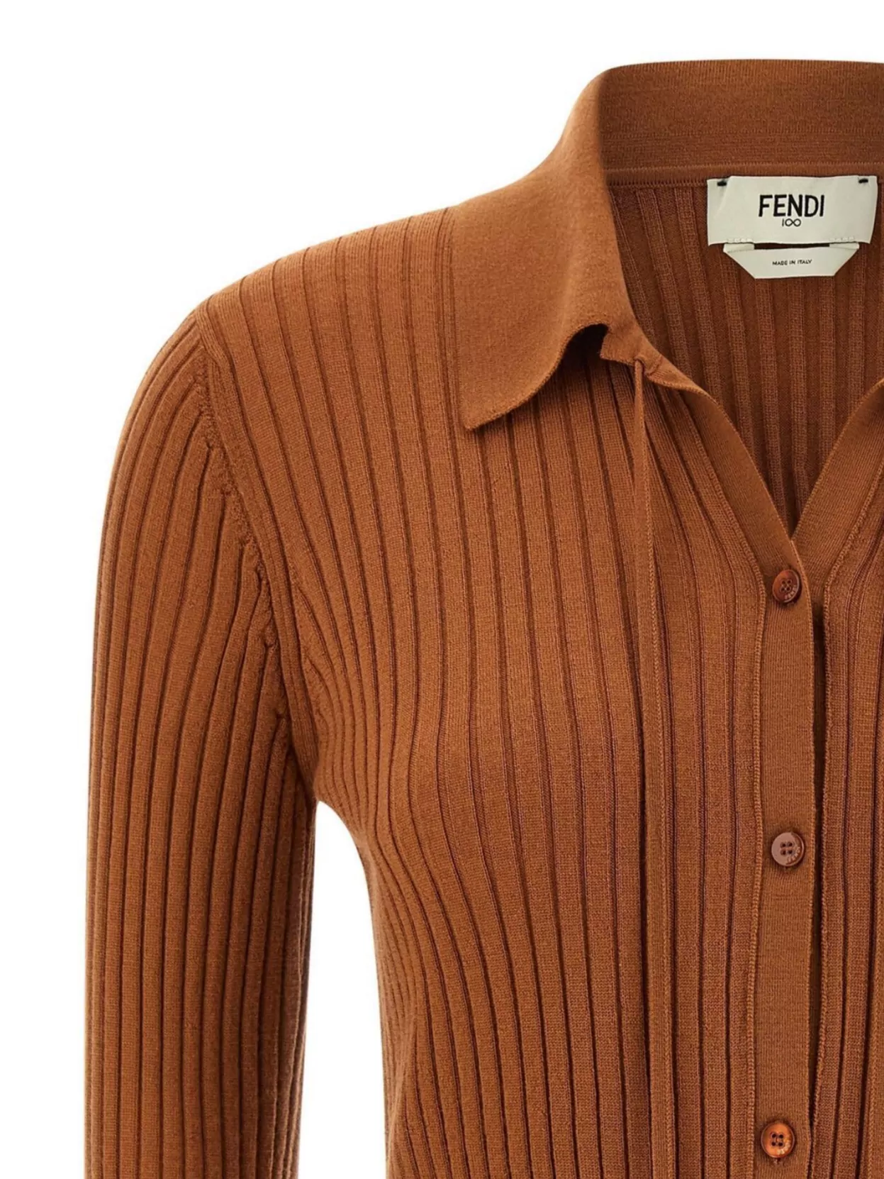 Fendi Textured Long Sleeve Collared Knit Top