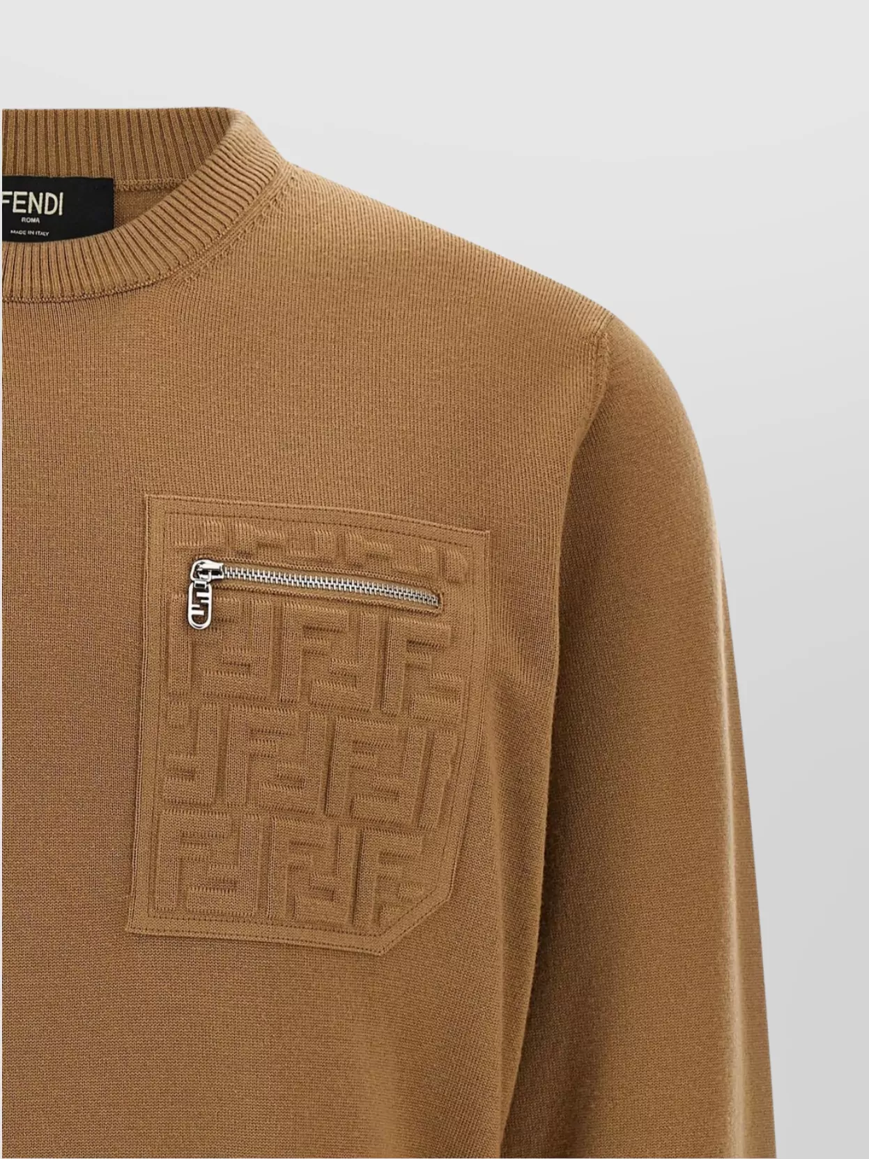 Fendi Crew Neck Sweater With Embroidered Zip Pocket