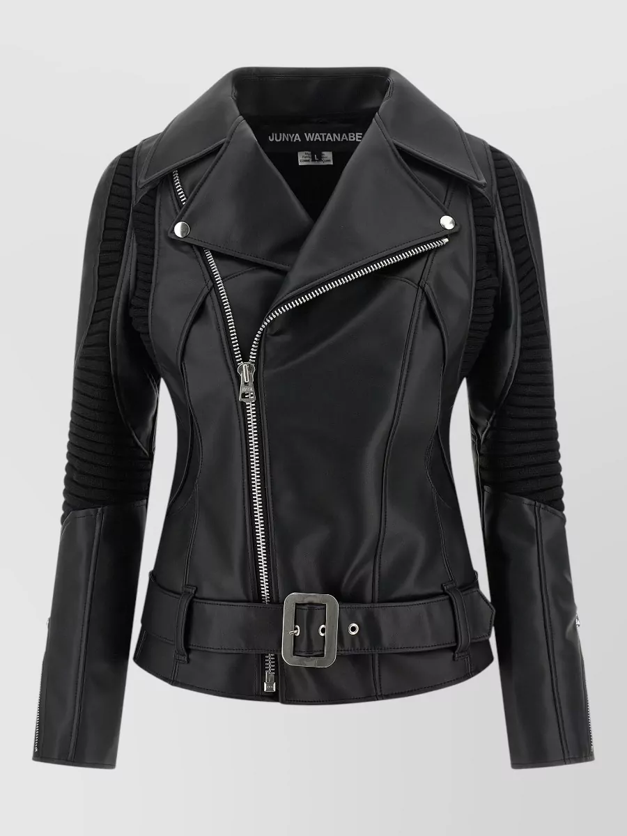 Junya Watanabe ribbed knit insert asymmetric zip leather jacket