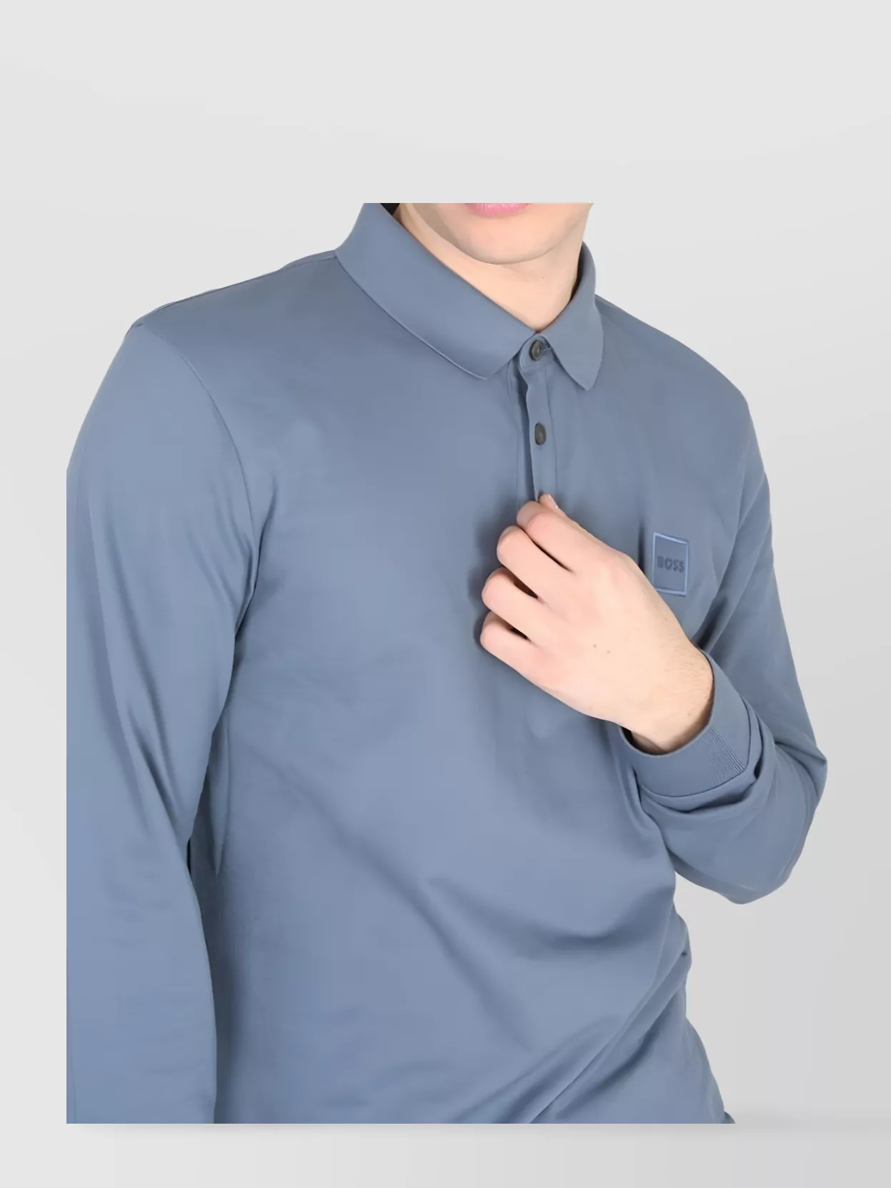 Boss Logo Patch Polo Shirt With Long Sleeves And Ribbed Cuffs