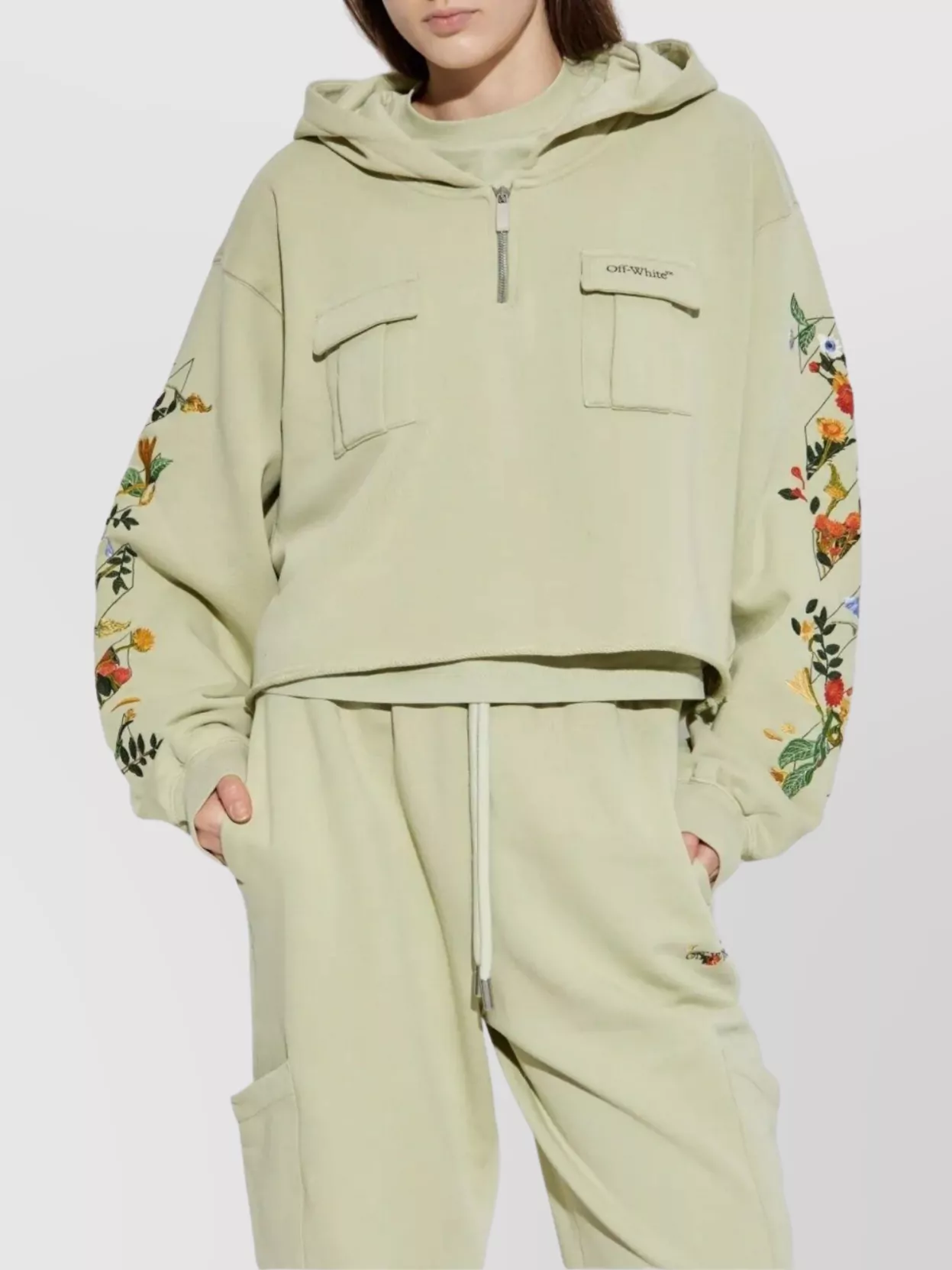 Off-White Floral Crop Hoodie Pockets