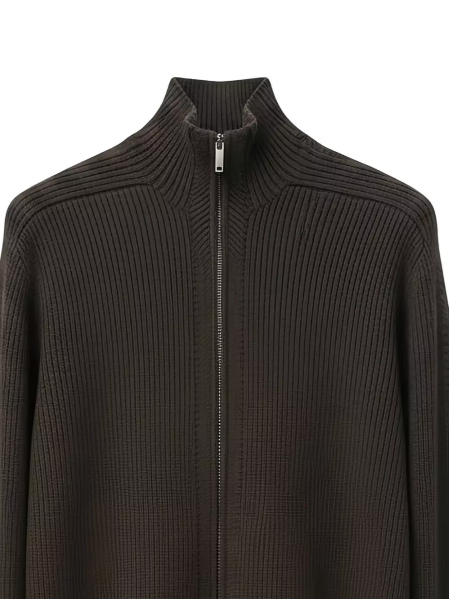 Emporio Armani Ribbed Virgin Wool High Neck Zip-Up Cardigan