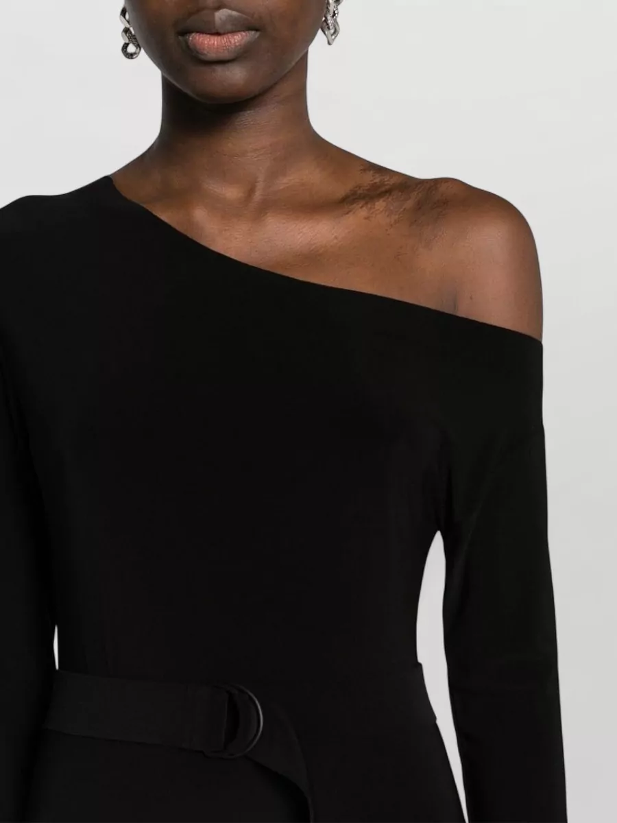 Norma Kamali Boat Neck Drop Shoulder Three Quarter Sleeve Side Slit Column Midi Dress