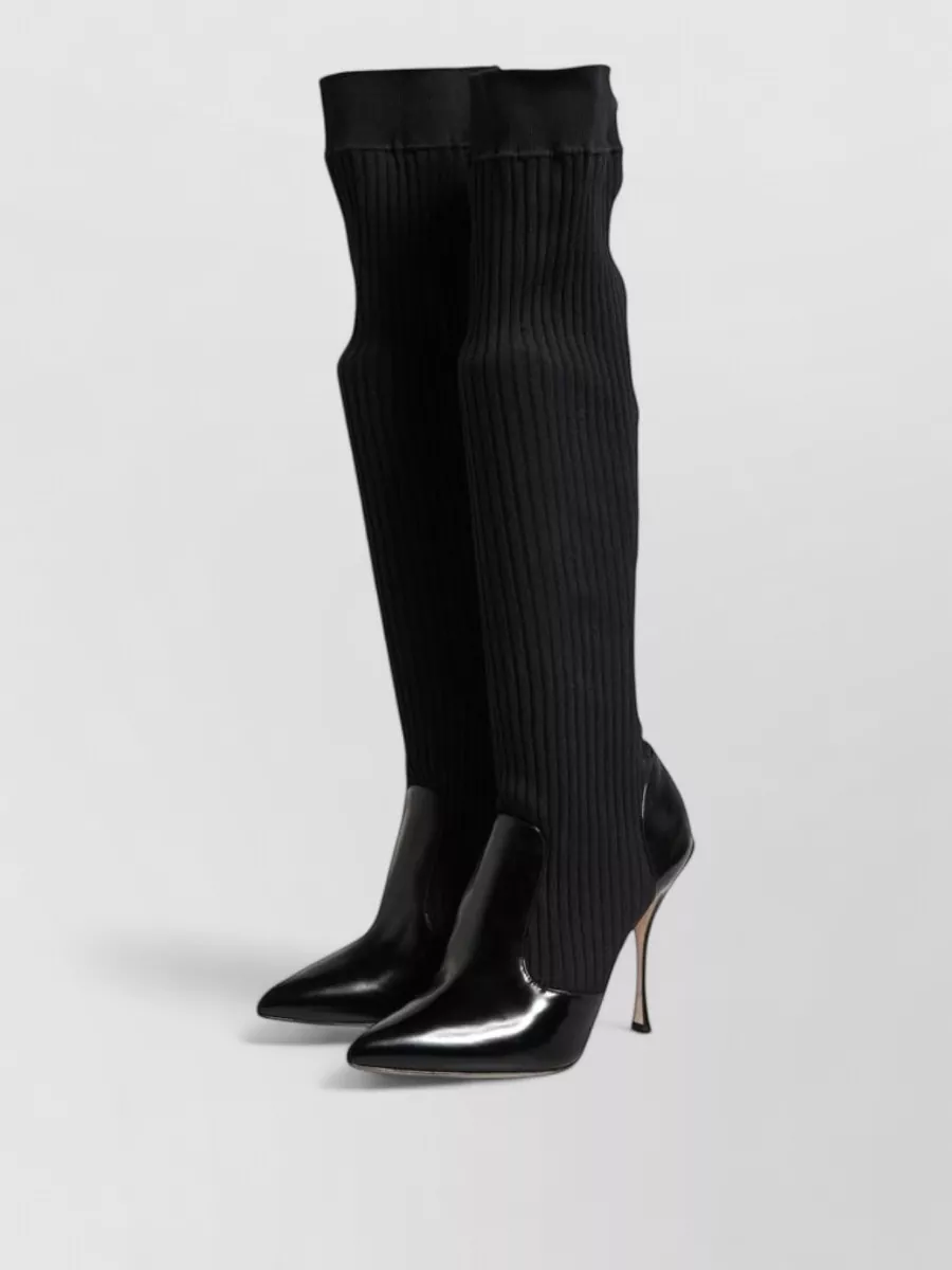 Dolce&Gabbana Leather Ribbed Knit Knee-High Boots