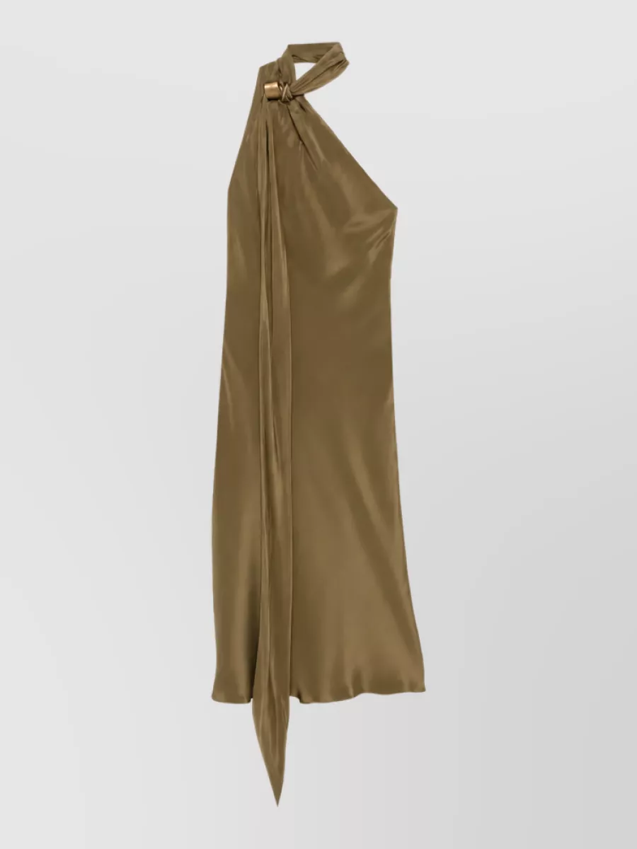 Max Mara silk satin one-shoulder halterneck draped asymmetric midi dress