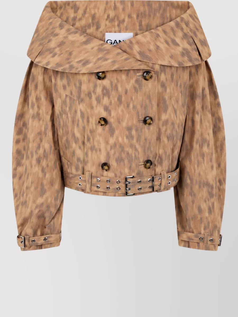 Ganni Printed cotton cropped off-shoulder double-breasted jacket