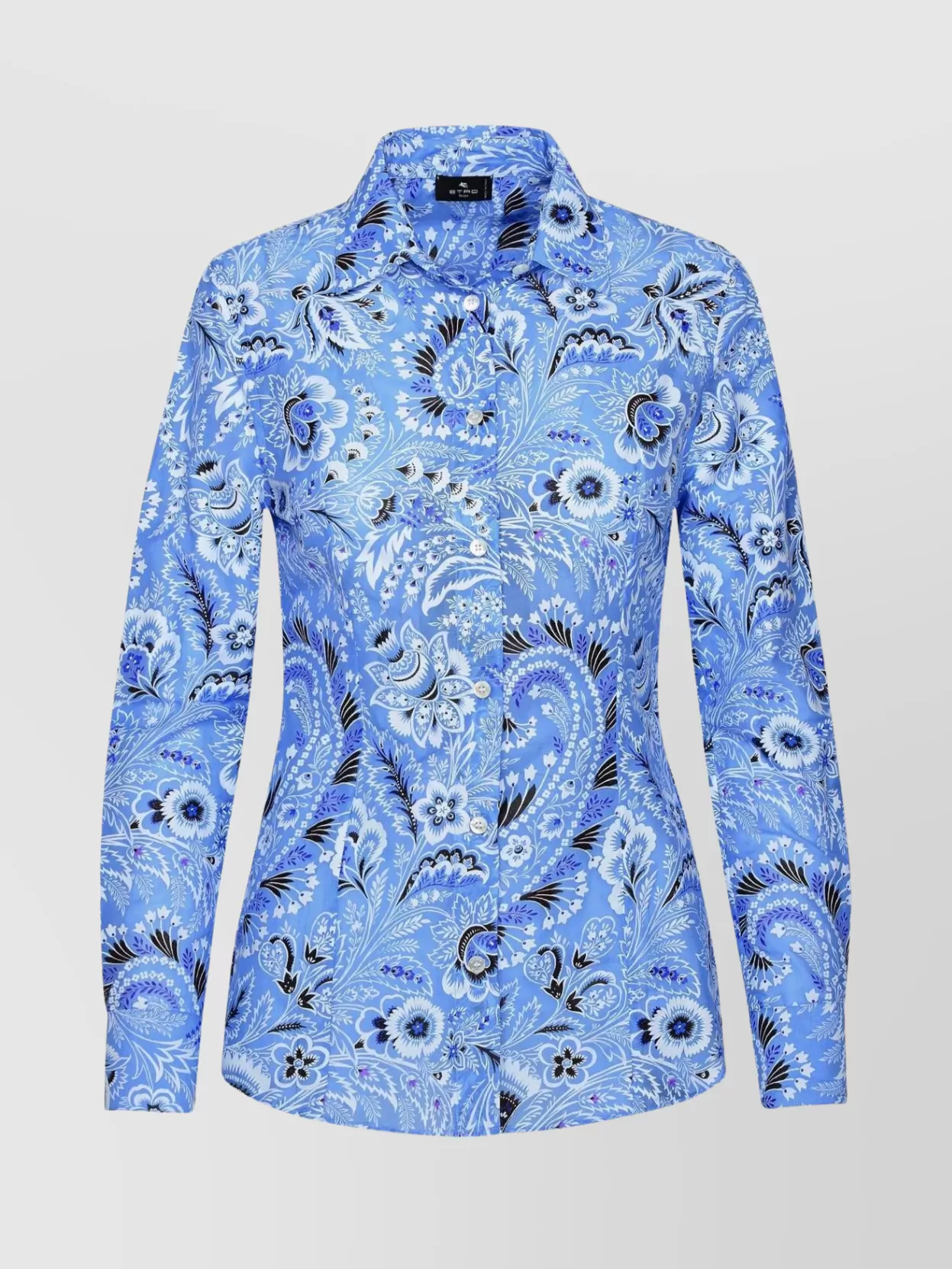 Etro Silk Blend Shirt With Cuff Sleeves And All-over Print In Blue