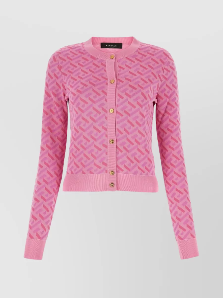 Shop Versace Patterned Knit Crew-neck Cardigan In Pink