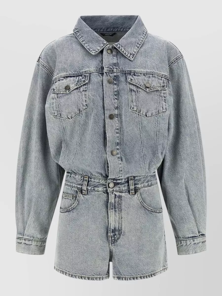 Haikure denim belted long-sleeve playsuit