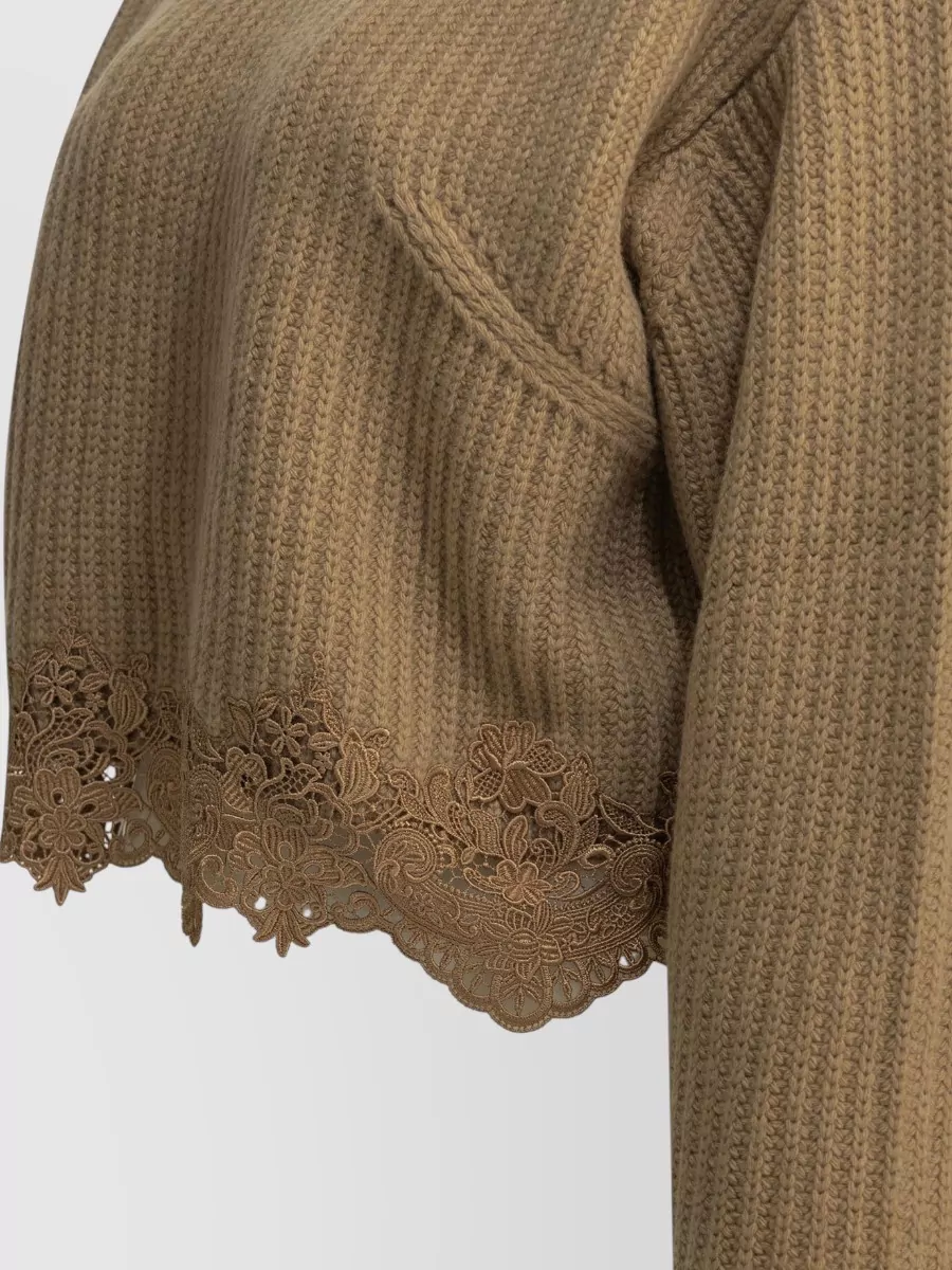 Chloé Cashmere Wool Cropped Ribbed Lace-Trim Sweater