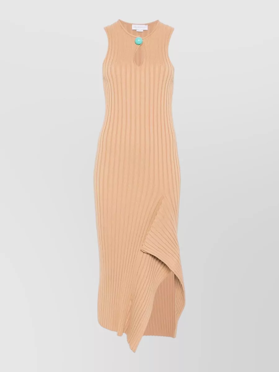 Stella Mccartney Cotton Dress Rib Knit Asymmetric Hem In Brown