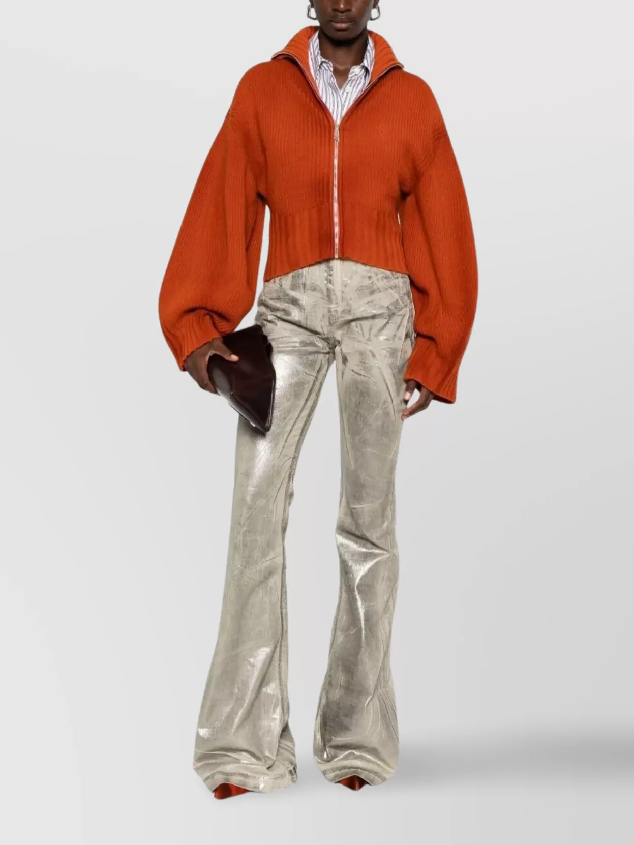 Attico Cropped Knit Cardigan High Collar In Brown