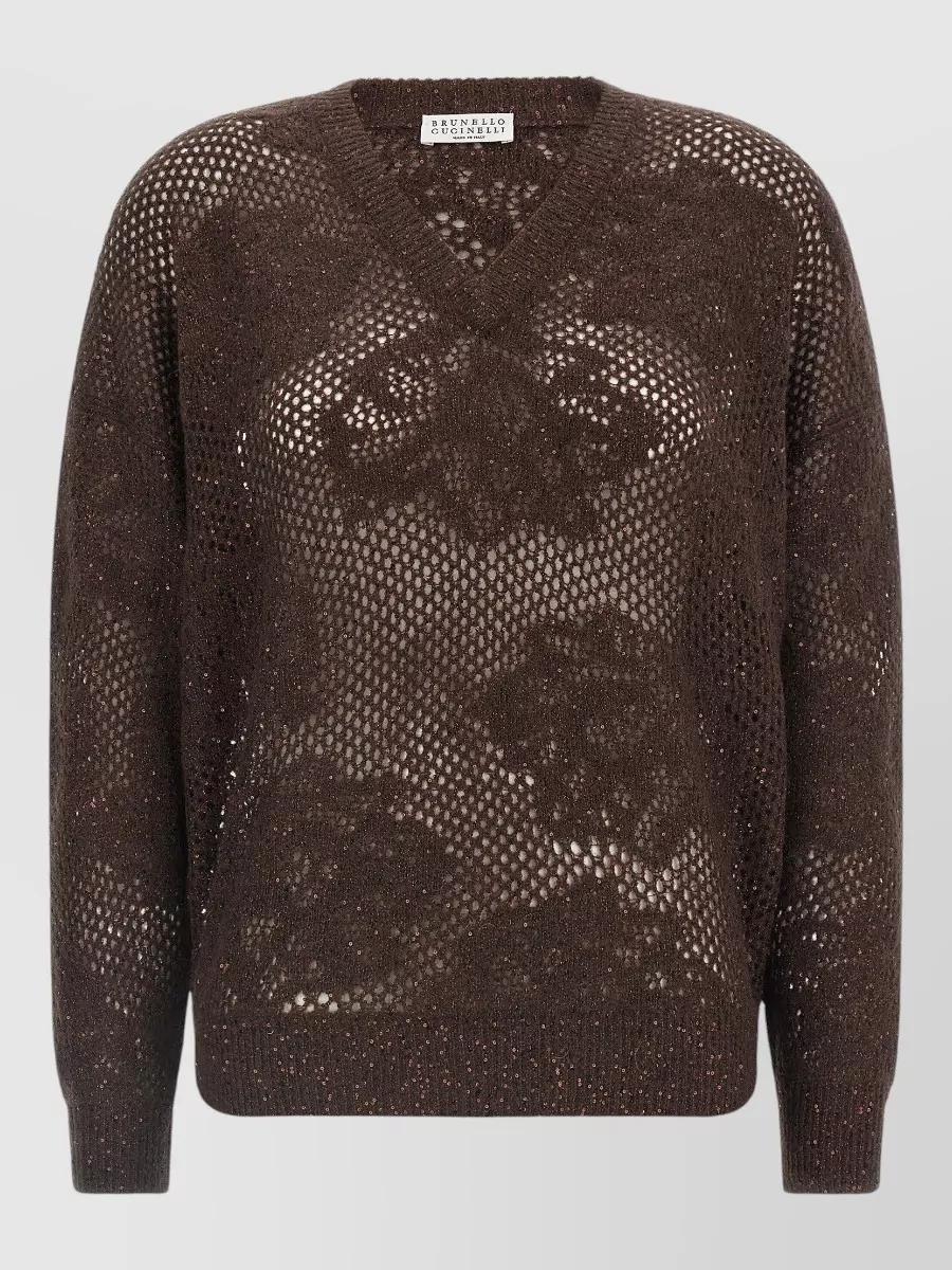 Brunello Cucinelli Mohair wool floral lace v-neck sweater