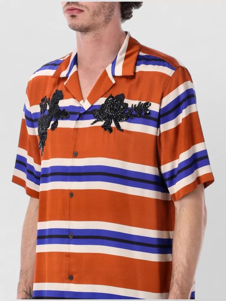 Dries Van Noten Striped Floral Embroidered Short-Sleeve Shirt