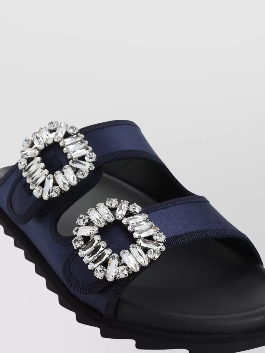 Roger Vivier Strass Buckle Double Strap Flat Mules In Blue