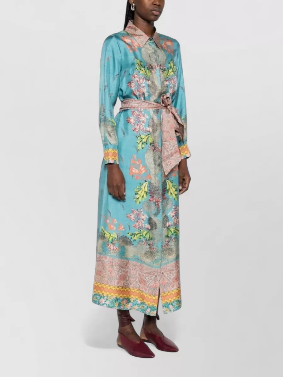 Pierre Louise Mascia Silk Midi Dress Belted Waist Shirt Collar