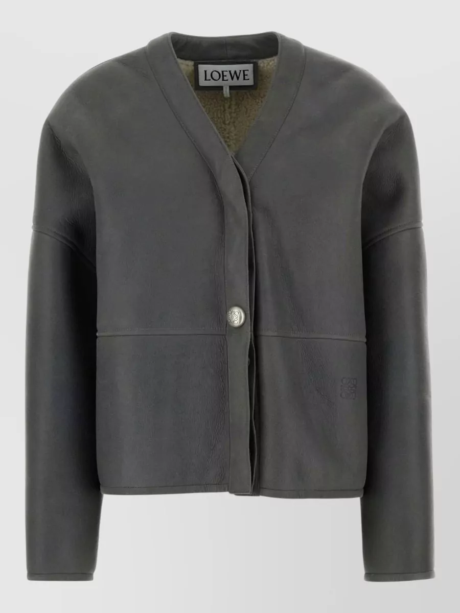 Loewe Shearling Jacket V Neck Long Sleeves In Gray