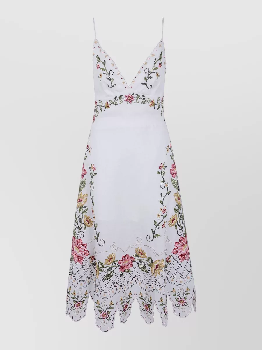 Farm Rio Linen Embroidered Asymmetric-Hem Sleeveless Midi Dress