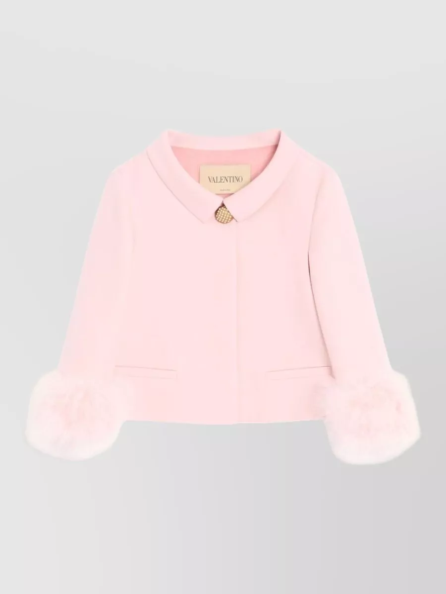 Valentino Jacket Collar Detail Cropped Length Faux Fur Cuffs In Pink