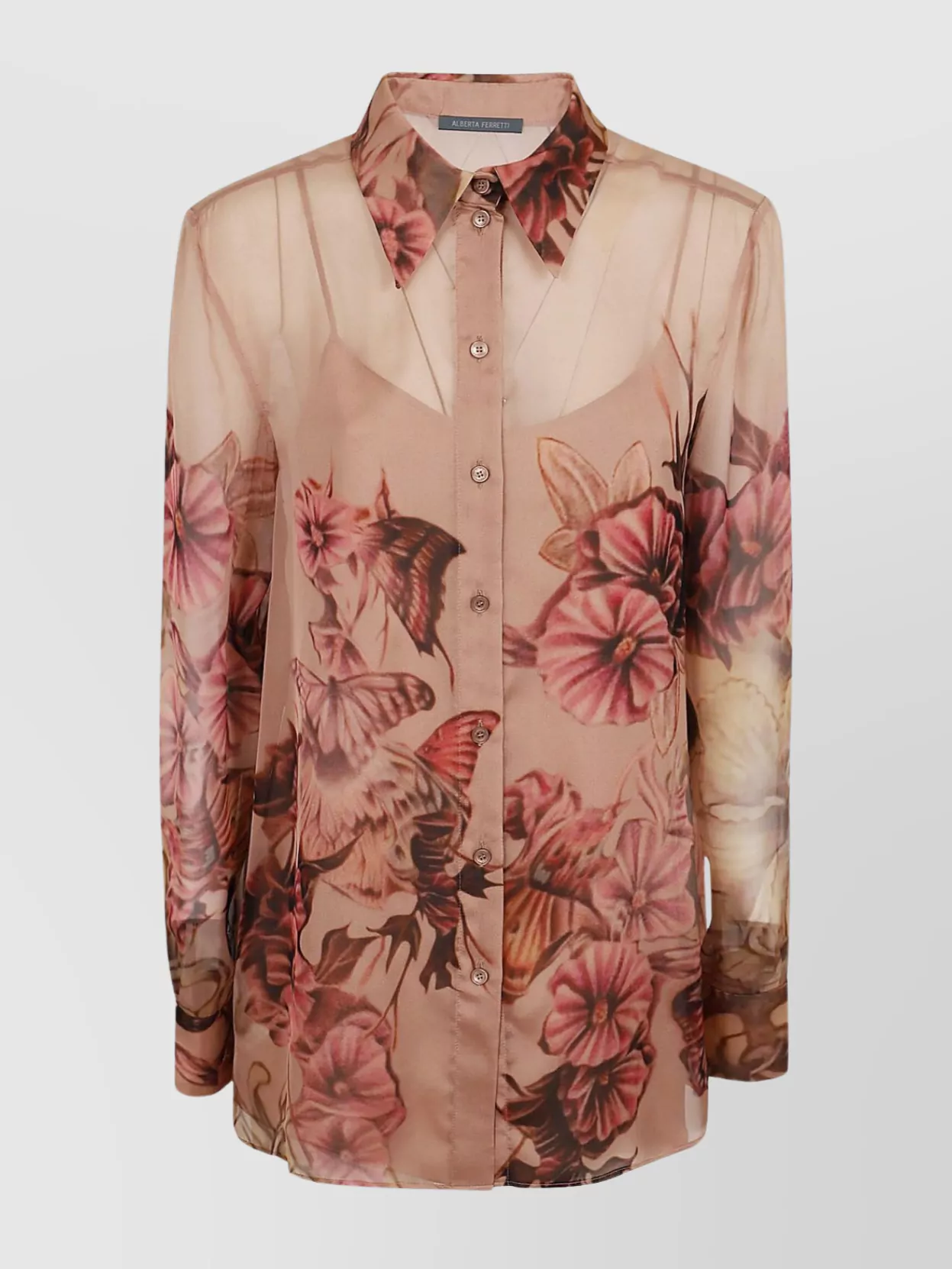 Shop Alberta Ferretti Chiffon Shirt With Floral Print And Long Sleeves