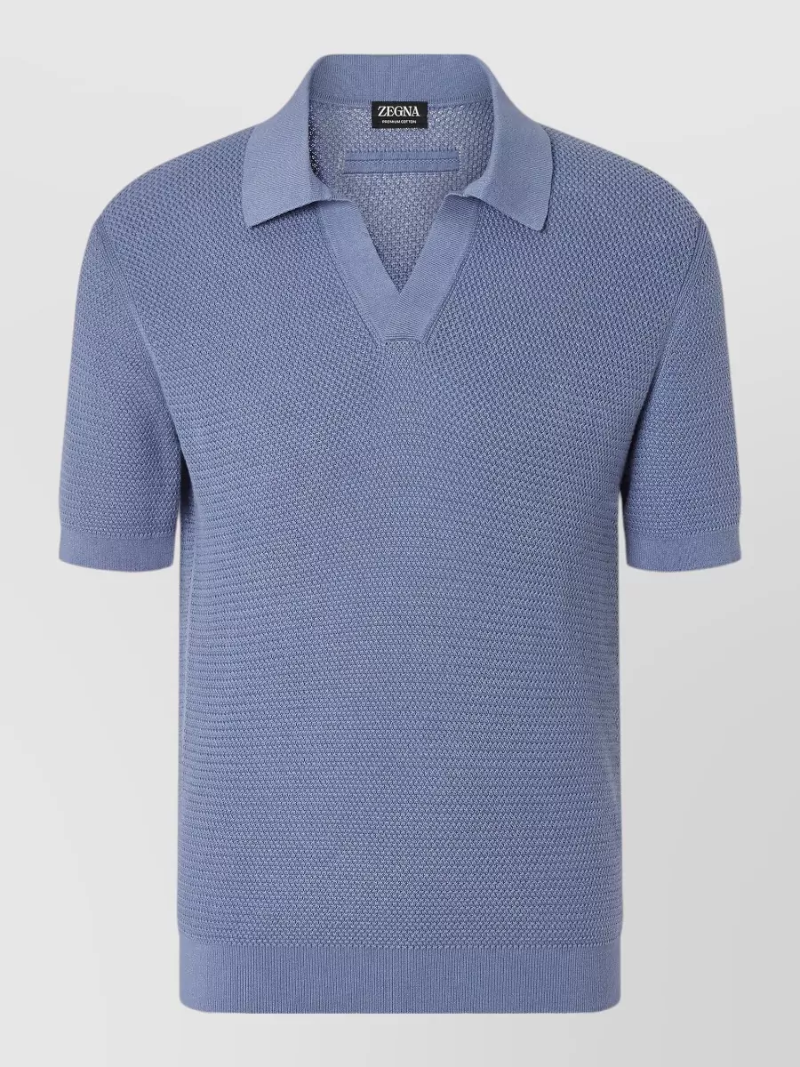Zegna Jacquard Knit Cotton Open Collar Polo Shirt