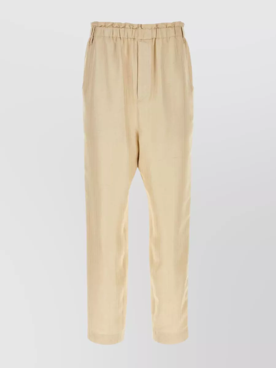Shop Saint Laurent Pleated Satin Straight Leg Pant With Side Pockets In Cream
