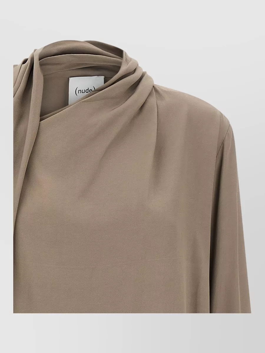 Nude Draped Asymmetric Long-Sleeve Blouse