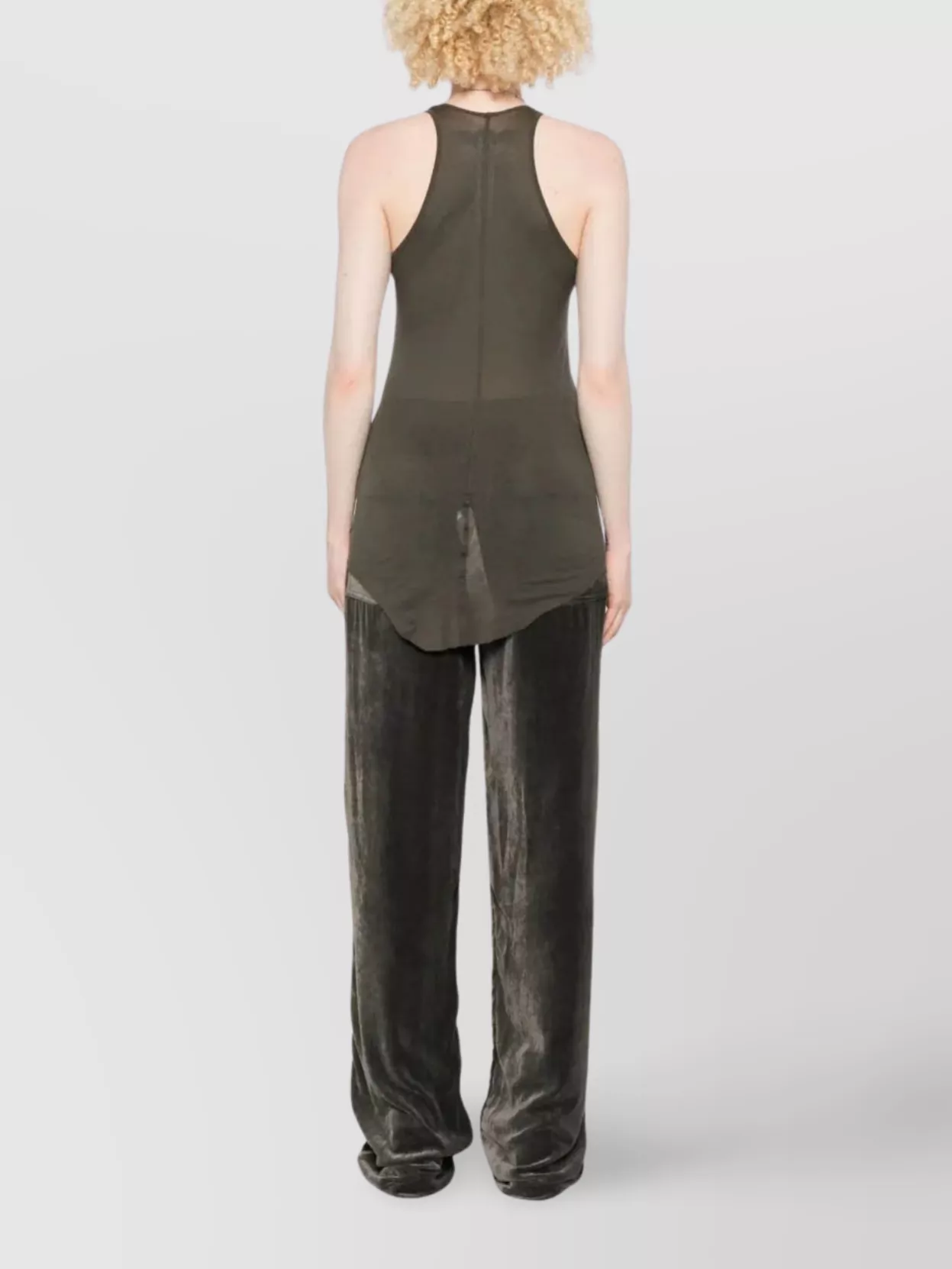Rick Owens Ribbed Tank Top With Curved Hem And Racerback In Green