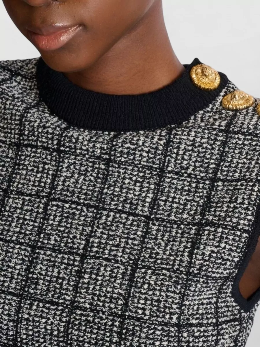 Balmain Checked Tweed Tank Top Crew Neck Buttons