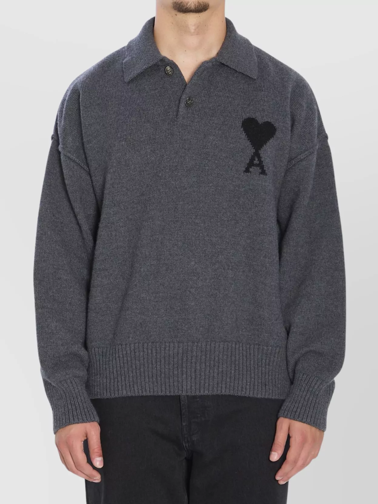 Ami Alexandre Mattiussi Ami Paris Grey Polo-style Ami Paris De Coeur Sweater In Gray