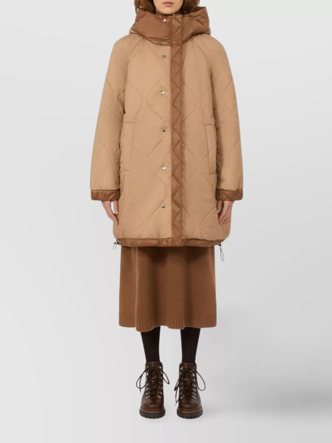 Weekend Max Mara Long Hooded Quilted Coat And Pockets In Brown