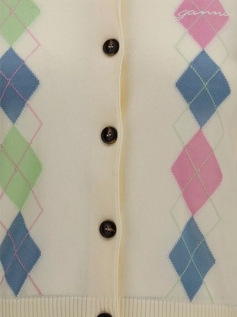 Ganni Cotton diamond-pattern ribbed cardigan